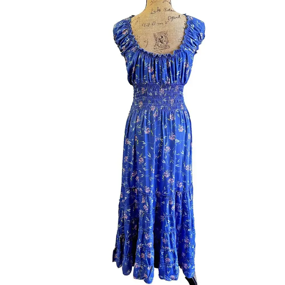 Iconique Women's Blue Floral Midi Polysilk Sun Dress SZ L Made in Italy